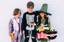 Cuerpo completo de grupo de niños pequeños vestidos con varios disfraces de Halloween con linterna Jack O tallada navegando juntos por el teléfono móvil mientras están de pie cerca de la pared blanca en la calle - foto de stock