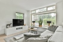 Grande sofá confortável colocado em frente TV na espaçosa sala de estar com interior elegante no apartamento moderno — Fotografia de Stock