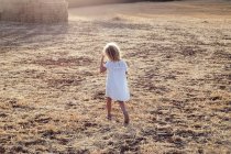 Voltar ver pequena menina loira sozinha em um campo em um dia ensolarado — Fotografia de Stock