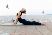 Full body side view of flexible barefoot female practicing Bhujangasana during yoga session on rooftop against flying birds — Stock Photo