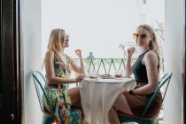 Vista laterale di amiche felici che pranzano a tavola e si accarezzano bicchieri di cocktail sul balcone — Foto stock