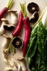 Organic vegetables and mushrooms on beige background. Close up with healthy greens and red winter daikon. New ingredients in healthy food routine. — Stock Photo