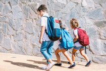 Side view of schoolboy with backpack speaking with female friends while strolling on tiled pavement against stone wall in sunlight — Stock Photo