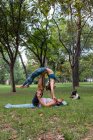 Side view of concentrated couple in sportswear practicing acroyoga on green grass near obedient dog in park in daytime — Stock Photo