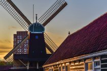 Amazing view of old wooden windmill located in village on background of sunset sky — Stock Photo
