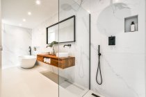 Design criativo do banheiro com bancadas duplas sob espelho refletindo lâmpadas e cabine de chuveiro com paredes de vidro na casa — Fotografia de Stock