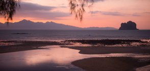 Vue à travers les branches d'arbre sur la côte sablonneuse baignée par la mer sous un ciel orageux et sombre au coucher du soleil en Malaisie — Photo de stock