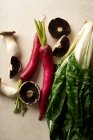Verdure e funghi biologici su sfondo beige. Vista dall'alto con verdi sani e daikon invernale rosso. Nuovi ingredienti nella routine alimentare sana. — Foto stock