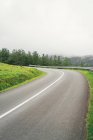 Bended asphalt roadway with fence between lush green trees against mount under misty sky in countryside — Stock Photo