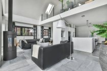 Інтер'єр стильної просторої сіро-кольорової вітальні, обставленої зручними диванами на тлі сучасної кухні — стокове фото