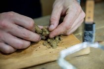 Crop anonimo maschio sbriciolamento secchi germogli di fiori di marijuana sul tagliere contro coltello in camera — Foto stock