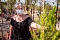 Side view of mature female shopper in textile mask picking green trees in pots in garden shop on sunny day — Stock Photo