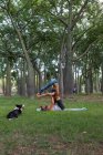 Полная длина концентрированной пары в активной одежде делает асану, практикуя акройогу вместе в зеленом парке при дневном свете и с их собакой лежал, чтобы посмотреть на них — стоковое фото