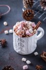 Сверху керамической кружки со сладким какао с зефиром рядом с еловыми конусами и веревкой для завязывания рождественских подарков — стоковое фото