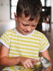 Netter kleiner Junge im gestreiften T-Shirt sitzt mit kleinem Vogel mit grauem Gefieder zu Hause — Stockfoto
