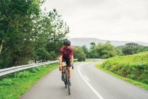 Sportsman in protective helmet riding bicycle during workout on asphalt roadway against green hill and trees under light sky while looking away — Stock Photo