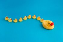 From above set of cute rubber ducklings and duck mom toys placed on bright blue background — Stock Photo
