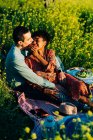 Любящие многорасовые пары смотрят друг на друга, сидя на травянистом поле с цветами во время пикника в солнечный летний день — стоковое фото