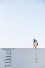Jovem pintor irreconhecível pintando a fachada de um apartamento com um rolo do telhado e a escada do lado — Fotografia de Stock