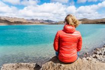 Обратный вид спокойного неузнаваемого путешественника, сидящего на краю скалы над голубым океаном против гор в Исландии в солнечный день — стоковое фото