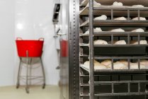 Cremalheira de metal com loafs de massa crua colocados em panelas na cozinha da padaria moderna — Fotografia de Stock