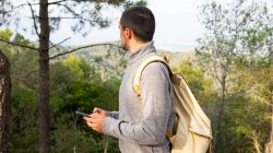 Вид сбоку на молодого бородатого этнического путешественника в повседневной одежде и рюкзаке на смартфоне, стоящего в пышном зеленом лесу во время похода в горной долине, отводя взгляд — стоковое фото