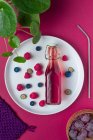 Вид зверху скляна пляшка барвистого фруктового соку, подається на тарілці з стиглими ягодами на рожевому фоні зі сливами та зеленою рослиною — стокове фото