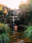Обратный вид на неузнаваемое путешествие обнаженной женщины, покрывающей грудь и стоящей в спокойной воде пруда возле водопада в природном парке Фервенца-де-Касаринос в Испании — стоковое фото