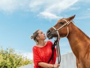Gentle female rider holding bridle of chestnut horse in yard in summer day in countryside — Stock Photo