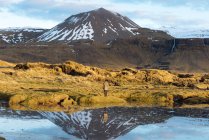 Повернення до нерозпізнаного чоловіка - туриста у повсякденному одязі, який милується дикою природою, стоячи біля спокійного озера, що відбиває сніжні гори в Ісландії. — стокове фото