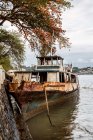 Velho navio enferrujado abandonado flutuando em águas calmas do Golfo da Guiné perto de aterro com árvores em So Tom e Prncipe em dia nublado à luz do dia — Fotografia de Stock