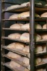 Pezzi di pane pasta cruda posta su rack metallico in cucina di panetteria — Foto stock
