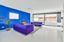 Progettazione creativa di camera spaziosa con divani e sedia su tappeto contro radiatore e finestra in casa — Foto stock