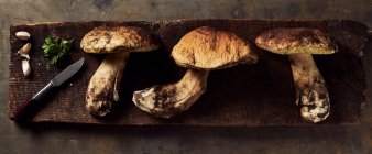 Vista superior do corte cru Boletus edulis cogumelos na tábua de corte de madeira com alho e salsa na cozinha leve durante o processo de cozimento — Fotografia de Stock