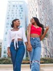 Снизу оптимистичные афроамериканские лесбиянки в стильной одежде смотрят друг на друга и держатся за руки, идя по улице со зданиями — стоковое фото