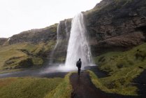 Обратный вид на неузнаваемого туриста в теплой одежде и рюкзаке стоя и любуясь удивительным видом водопада Seljalandsfoss течет через скалистую скалу в пруд — стоковое фото