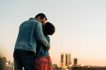 Romantica coppia diversificata abbracciare e baciare mentre in piedi sul prato contro paesaggio urbano con edifici su sfondo sfocato — Foto stock