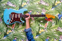 Musicien de culture méconnaissable montrant la guitare électrique contre des peintures vibrantes de feuilles et de perroquets sur le mur — Photo de stock