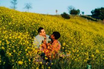 Amar a la pareja multirracial mirándose mientras están sentados en el campo de hierba con flores durante el picnic en el soleado día de verano - foto de stock