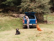 Vue latérale d'un voyageur masculin méconnaissable avec des chiens mignons dans un vêtement décontracté debout près d'une voiture hors route stationnée sur un pré herbeux à la campagne — Photo de stock