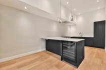 Interior de la espaciosa cocina con muebles negros minimalistas y mini nevera en apartamento moderno con paredes blancas y suelo de parquet de madera - foto de stock