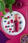 Вид зверху скляна пляшка барвистого фруктового соку, подається на тарілці з стиглими ягодами на рожевому фоні зі сливами та зеленою рослиною — стокове фото