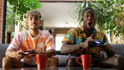 Разнообразные друзья-мужчины, пьющие напитки, сидя на диване и играя в видеоигры вместе в гостиной с зелеными растениями — стоковое фото