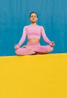 Von unten eine junge Frau in aktiver Kleidung, die in Lotus-Pose auf einem Sportplatz sitzt und meditiert — Stockfoto