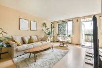 Innenraum des hellen Wohnzimmers mit französischen Fenstern Rattansessel beige Sofa mit Kissen drinnen Blumen und Holz ovalen Tisch TV und Teppich auf dem Boden — Stockfoto