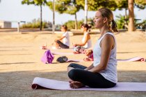 Vista lateral de una joven mujer tranquila en ropa deportiva haciendo Padmasana mientras está sentada en una esterilla de yoga durante la práctica al aire libre en un día soleado - foto de stock