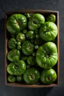 Desde arriba de la caja llena de tomates verdes inmaduros colocados en la mesa negra en la temporada de cosecha - foto de stock