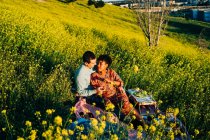 Любляча багаторасова пара дивиться один на одного, сидячи на трав'янистому полі з квітами під час пікніка в сонячний літній день — стокове фото