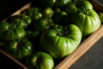 Caja llena de tomates verdes inmaduros colocados en la mesa negra en la temporada de cosecha - foto de stock