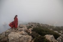 Полный вид на тело женщины в викторианской одежде, стоящей на скале с мохом возле моря в туманную погоду — стоковое фото
